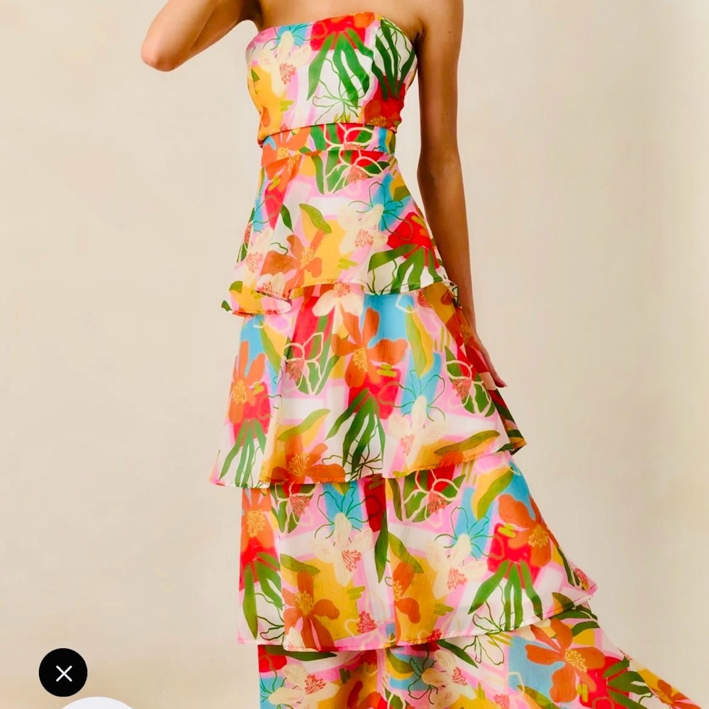 Strapless Tiered Tropical Maxi Dress in Multicolor NWT SZ SM